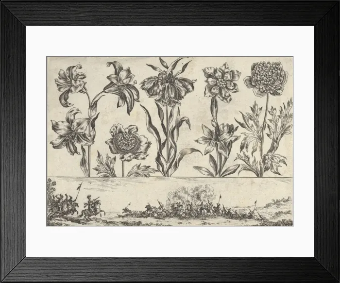 Framed Print : Horizontal Panel with a Row of Flowers Above a Frieze with a Battle Scene in a Landscape Framed Print : Horizontal Panel with a Row of Flowers Above a Frieze with a Battle Scene in a Landscape
