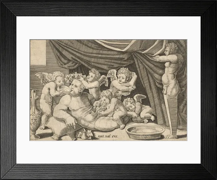 Framed Print : Speculum Romanae Magnificentiae: Bacchus Surrounded by Putti with Priapus holding Framed Print : Speculum Romanae Magnificentiae: Bacchus Surrounded by Putti with Priapus holding