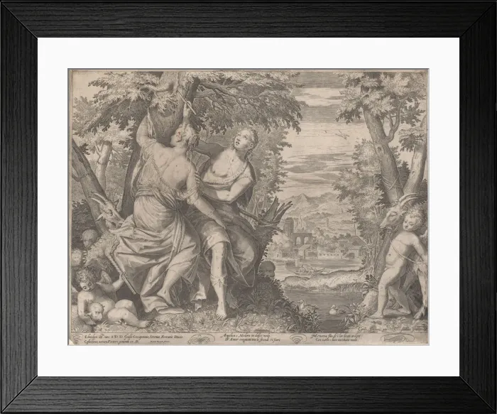 Framed Print : Angelica and Medoro; they stand next to a stream as Medoro carves their names into a tr Framed Print : Angelica and Medoro; they stand next to a stream as Medoro carves their names into a tr