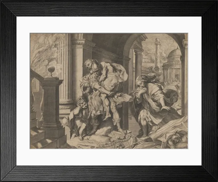Framed Print : Aeneas and his family fleeing Troy, 1595. Creator: Agostino Carracci Framed Print : Aeneas and his family fleeing Troy, 1595. Creator: Agostino Carracci