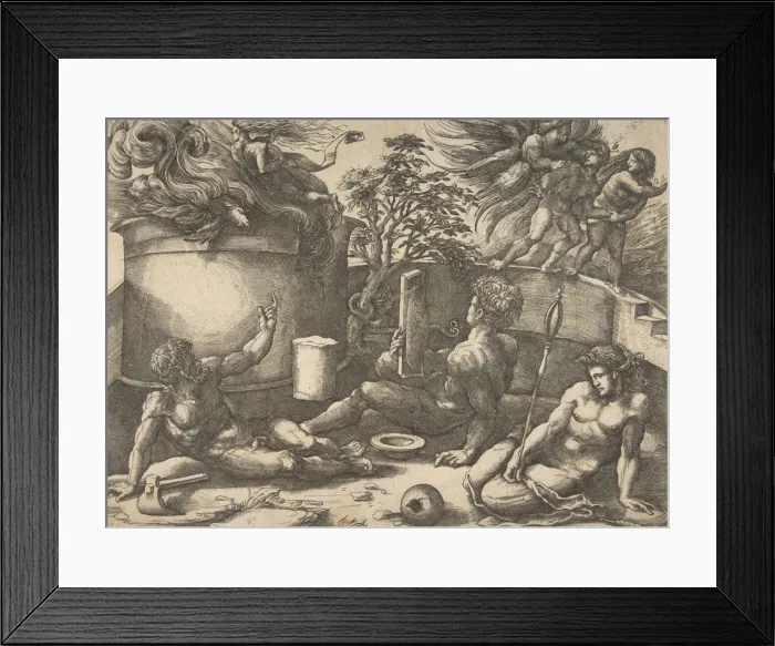 Framed Print : Cain holding a mirror watching his sacrifice engulfed in flames, Adam and Eve seate Framed Print : Cain holding a mirror watching his sacrifice engulfed in flames, Adam and Eve seate