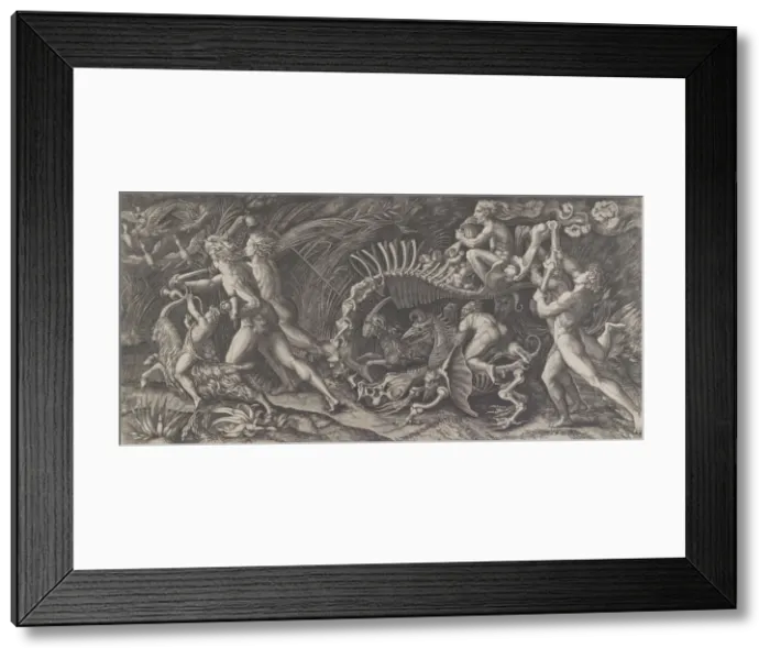 Framed Print : Lo Stregozzo: a female witch riding on an animal skeleton, preceded by two men Framed Print : Lo Stregozzo: a female witch riding on an animal skeleton, preceded by two men