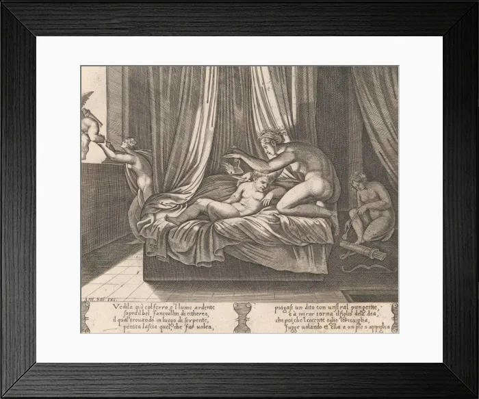 Framed Print : Plate 13: Psyche looking at Cupid, from the Story of Cupid and Psyche as told by Apulei Framed Print : Plate 13: Psyche looking at Cupid, from the Story of Cupid and Psyche as told by Apulei