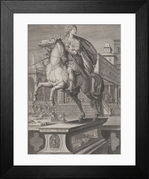 Framed Print : Plate 12: equestrian statue of Domitian, seen three-quarters to the left, with his Framed Print : Plate 12: equestrian statue of Domitian, seen three-quarters to the left, with his