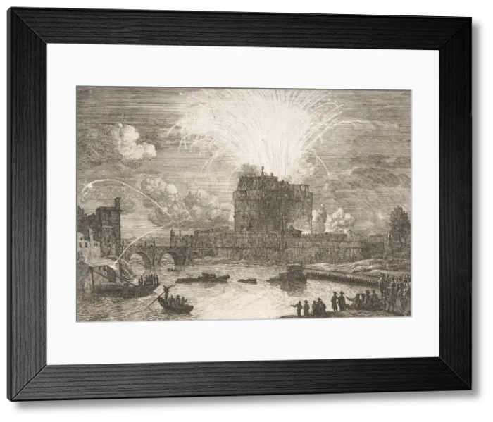 Framed Print : Fireworks in Rome Over Castel Sant Angelo, 18th century. Creator: Adriaen Manglard Framed Print : Fireworks in Rome Over Castel Sant Angelo, 18th century. Creator: Adriaen Manglard