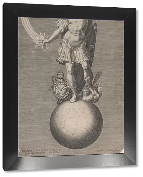 Allegorical figure of a warrior standing on a globe with the papal coat of arms a... ca
