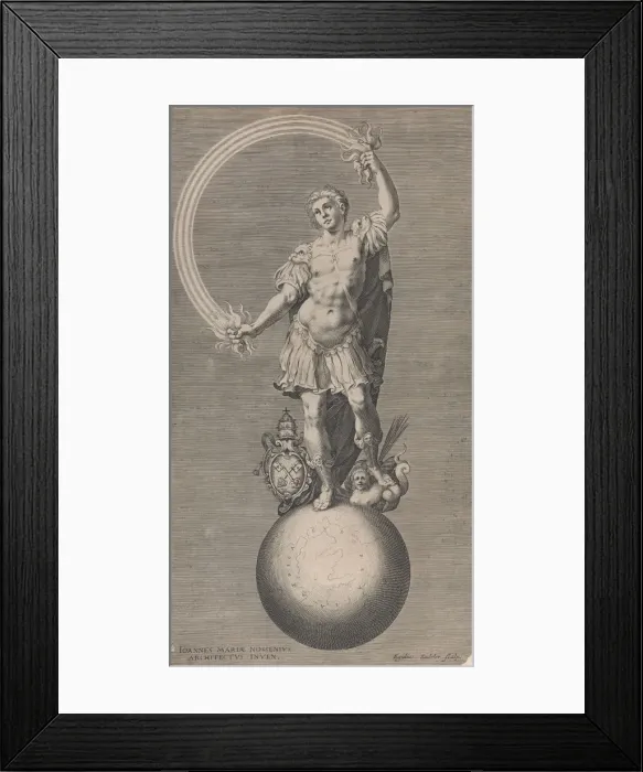 Framed Print : Allegorical figure of a warrior standing on a globe with the papal coat of arms a... ca Framed Print : Allegorical figure of a warrior standing on a globe with the papal coat of arms a... ca