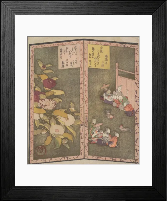 Framed Print : Camellia Flowers (left); People Watching a Cockfight (right), ca. 1820. ca. 1820 Framed Print : Camellia Flowers (left); People Watching a Cockfight (right), ca. 1820. ca. 1820