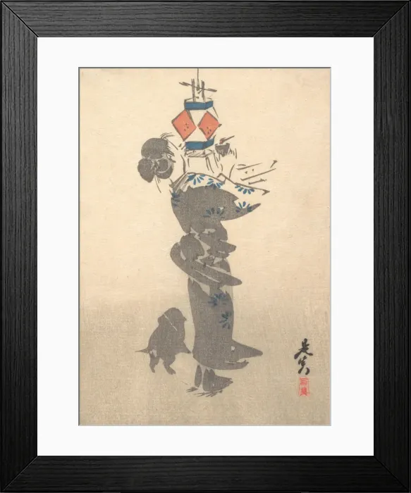 Framed Print : Lighting a Hanging Lantern for the Obon Festival, 1860. 1860. Creator: Shibata Zeshin