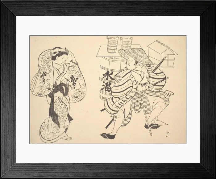 Framed Print : An Oiran Rearranging Her Hair in the Street while a Young Samurai Looks Framed Print : An Oiran Rearranging Her Hair in the Street while a Young Samurai Looks