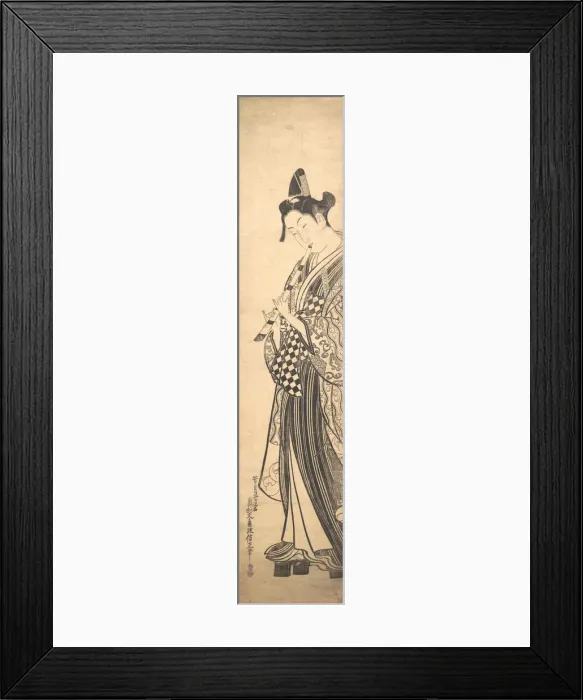 Framed Print : Young Man Walking Toward the Left on High Geta and Playing the Flute as He Walks, ca Framed Print : Young Man Walking Toward the Left on High Geta and Playing the Flute as He Walks, ca
