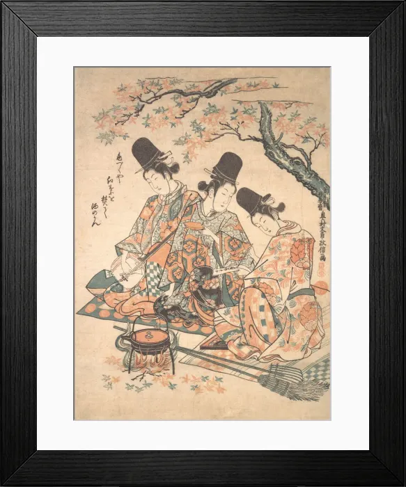 Framed Print : Parody of Palace Servants Heating Sake over a Fire of Maple Leaves, ca. 1750. ca. 1750 Framed Print : Parody of Palace Servants Heating Sake over a Fire of Maple Leaves, ca. 1750. ca. 1750