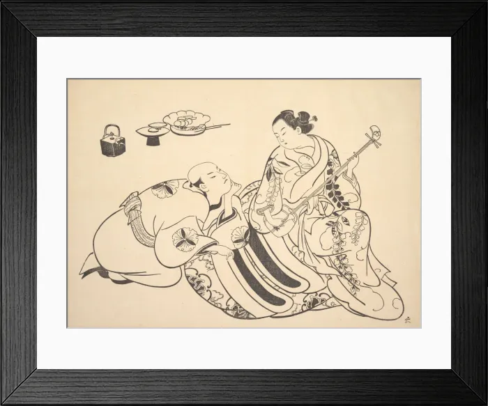 Framed Print : An Oiran Playing the Shamisen to a Young Man Kneeling by Her Side in Rapt Attention Framed Print : An Oiran Playing the Shamisen to a Young Man Kneeling by Her Side in Rapt Attention