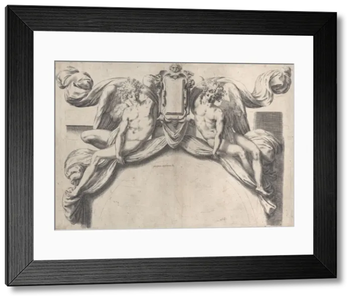 Framed Print : Two angels supporting a cartouche or shield, 1568-77. 1568-77 Framed Print : Two angels supporting a cartouche or shield, 1568-77. 1568-77