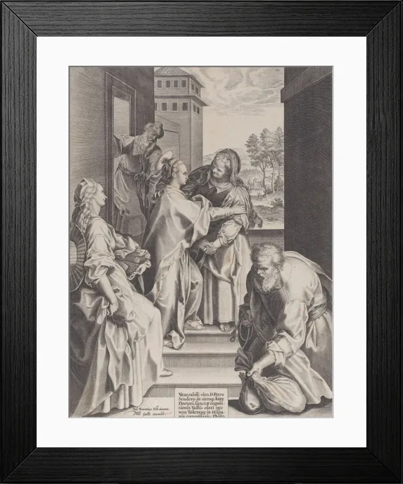 Framed Print : The Visitation, the Virgin and Saint Elizabeth embracing in the center Framed Print : The Visitation, the Virgin and Saint Elizabeth embracing in the center