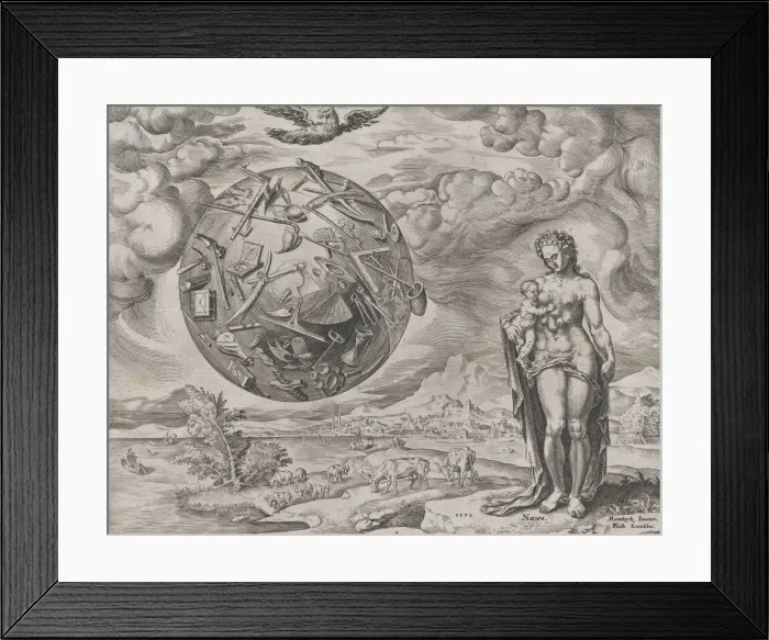 Framed Print : Man Born to Toil, from The Reward of Labour and Diligence, plate 1, 1572. 1572 Framed Print : Man Born to Toil, from The Reward of Labour and Diligence, plate 1, 1572. 1572