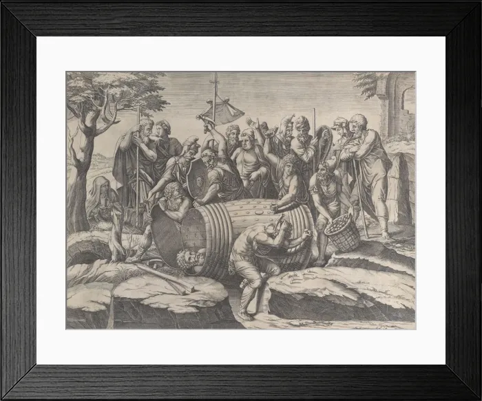 Framed Print : Marcus Atilius Regulus in a barrel while two men are hammering in the nails, various fi