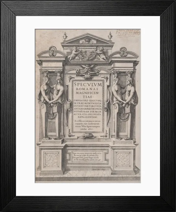 Framed Print : Speculum Romanae Magnificentiae: Title Page engraved within architectonic and sculptura Framed Print : Speculum Romanae Magnificentiae: Title Page engraved within architectonic and sculptura