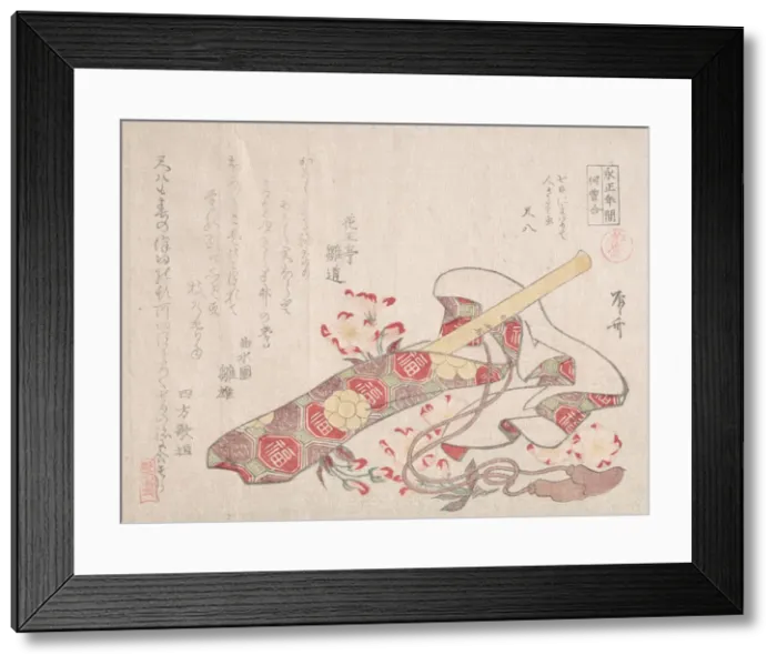 Framed Print : Shakuhachi, (a kind of bamboo flute), with Its Cover and Cherry Flowers, 19th century