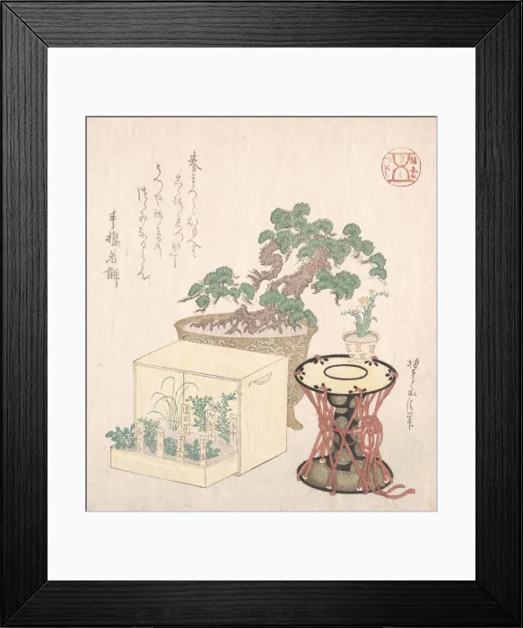 Framed Print : Potted Pine Tree, Drum and Seven Herbs Planted in a Box, 18th-19th century Framed Print : Potted Pine Tree, Drum and Seven Herbs Planted in a Box, 18th-19th century