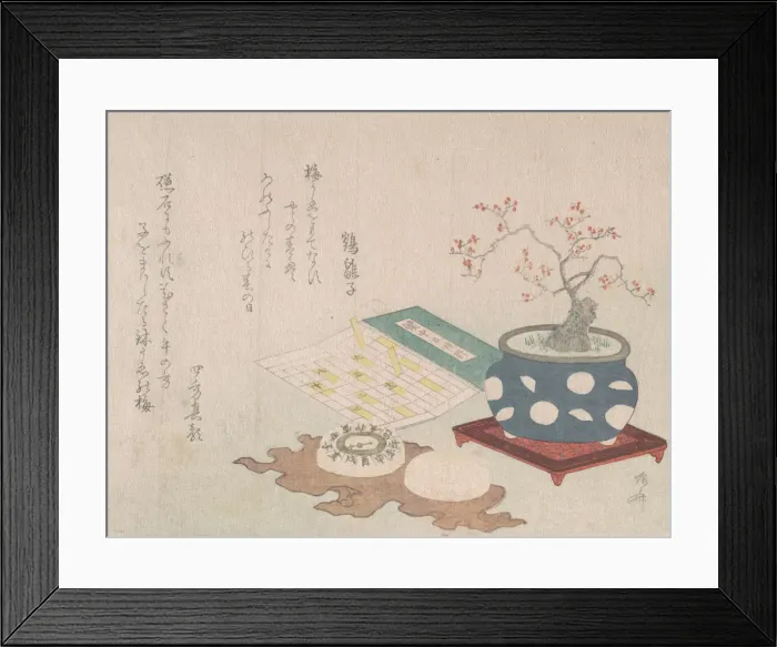 Framed Print : Bonsai Plum, Compass, and Pocket Sundial with Design of Calendar Framed Print : Bonsai Plum, Compass, and Pocket Sundial with Design of Calendar