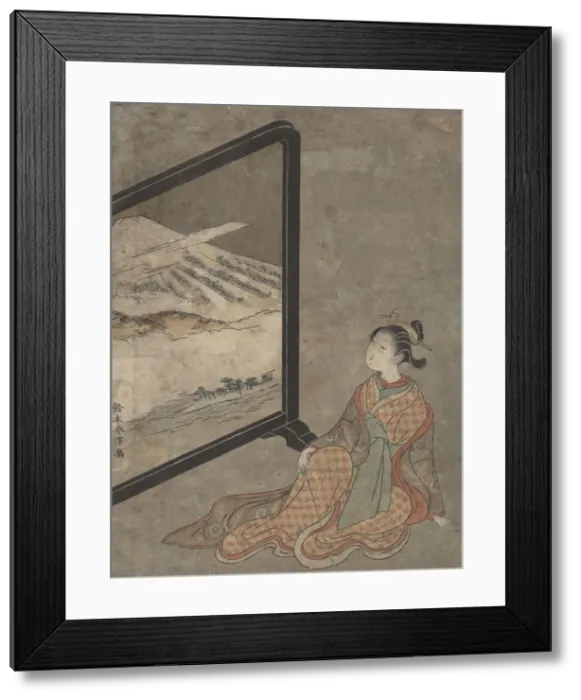 Framed Print : Young Woman with a Pipe in Her Hand Gazing at Landscape Painted on a Screen Framed Print : Young Woman with a Pipe in Her Hand Gazing at Landscape Painted on a Screen