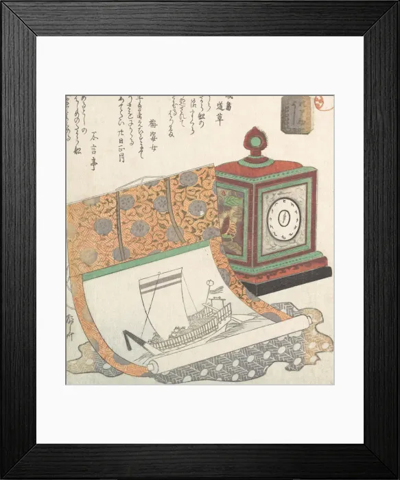 Framed Print : Table-Clock and Kakemono of a Treasure Boat, 19th century. 19th century Framed Print : Table-Clock and Kakemono of a Treasure Boat, 19th century. 19th century