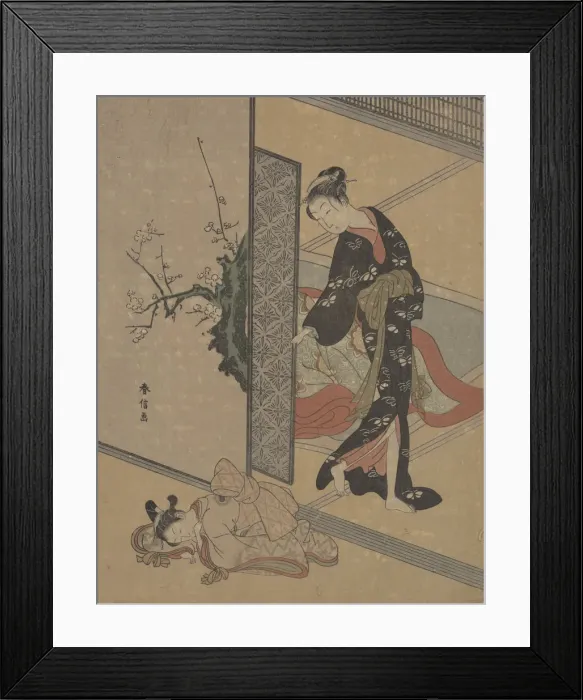 Framed Print : Young Lady Looking through Door at Her Kamuro (Little Servant) who is Asleep on the Floor Framed Print : Young Lady Looking through Door at Her Kamuro (Little Servant) who is Asleep on the Floor