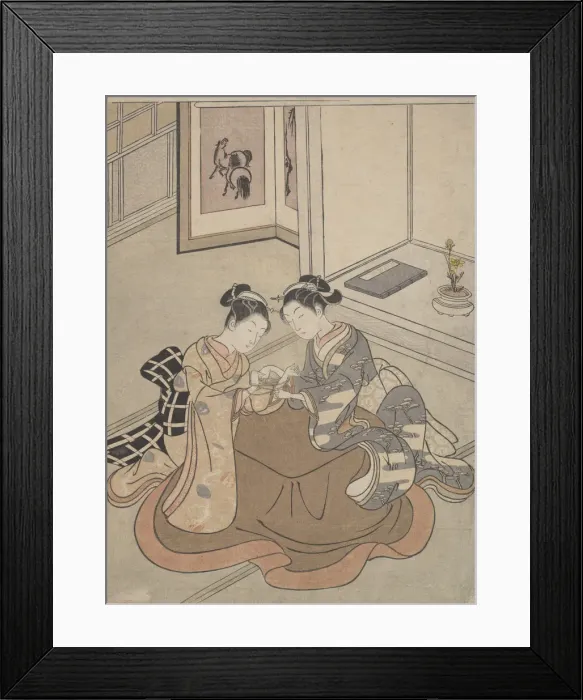 Framed Print : Two Young Women Seated by a Kotatsu Playing Cats Cradle, ca. 1765. ca. 1765 Framed Print : Two Young Women Seated by a Kotatsu Playing Cats Cradle, ca. 1765. ca. 1765