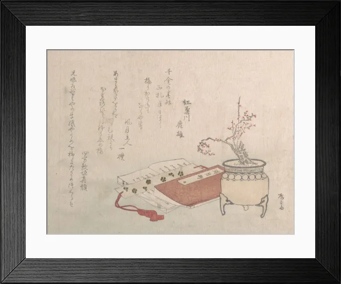 Framed Print : Potted Plum Tree in Blossom and Books, 19th century. 19th century. Creator: Shinsai Framed Print : Potted Plum Tree in Blossom and Books, 19th century. 19th century. Creator: Shinsai