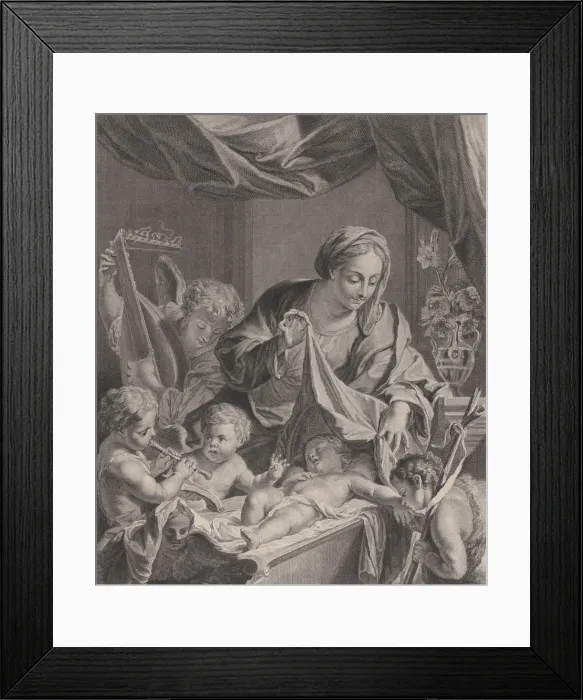 Framed Print : The Virgin holding a cloth above the sleeping Christ child, with musical angels and th Framed Print : The Virgin holding a cloth above the sleeping Christ child, with musical angels and th