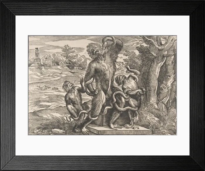 Framed Print : Caricature of the scuptural group, the Laocoon, ca. 1540-45. ca. 1540-45. Creator: Attributed to Nicolo Boldrini Framed Print : Caricature of the scuptural group, the Laocoon, ca. 1540-45. ca. 1540-45. Creator: Attributed to Nicolo Boldrini