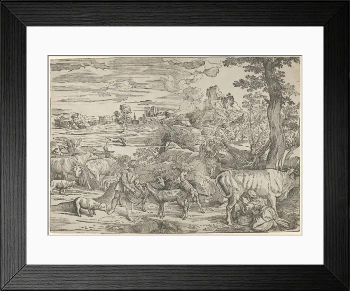 Framed Print : Landscape with a milkmaid at right and a boy at left, ca. 1535-40. ca. 1535-40 Framed Print : Landscape with a milkmaid at right and a boy at left, ca. 1535-40. ca. 1535-40