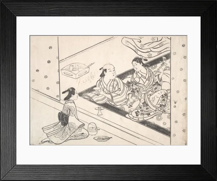 Framed Print : Lady Playing Shamisen, with Her Lover and Attendant Nearby. Creator: Nishikawa Sukenobu Framed Print : Lady Playing Shamisen, with Her Lover and Attendant Nearby. Creator: Nishikawa Sukenobu