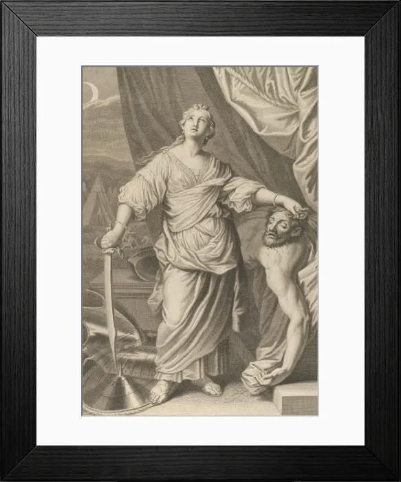 Framed Print : Judith standing and looking up, holding the head of Holofernes in her left hand Framed Print : Judith standing and looking up, holding the head of Holofernes in her left hand
