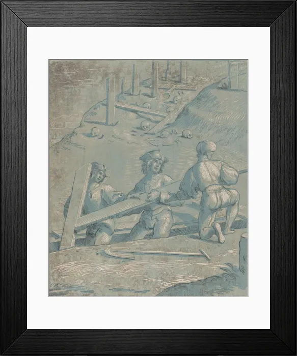 Framed Print : The invention of the cross; three men lifting a cross from a trench; from Recueil Framed Print : The invention of the cross; three men lifting a cross from a trench; from Recueil