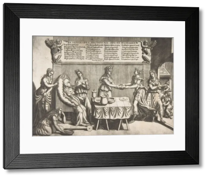 Framed Print : Venerable Idleness, Queen of Cockaigne; a fat woman seated on a movable toilet chair Framed Print : Venerable Idleness, Queen of Cockaigne; a fat woman seated on a movable toilet chair