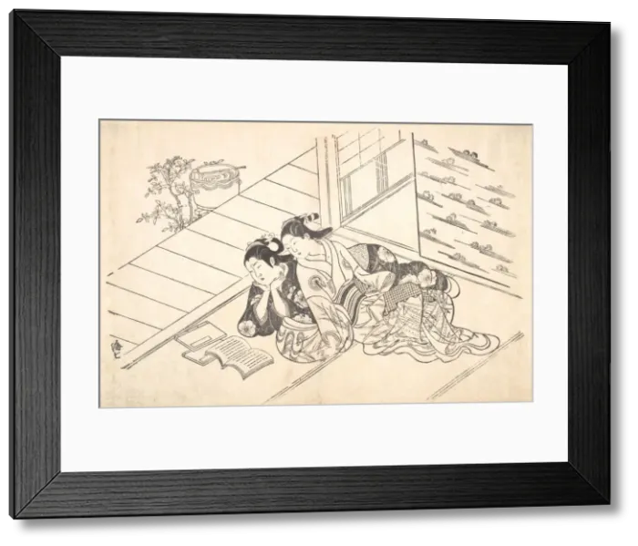 Framed Print : Two Women Reclining on the Floor of a Room and Reading a Book, ca. 1730. ca. 1730 Framed Print : Two Women Reclining on the Floor of a Room and Reading a Book, ca. 1730. ca. 1730