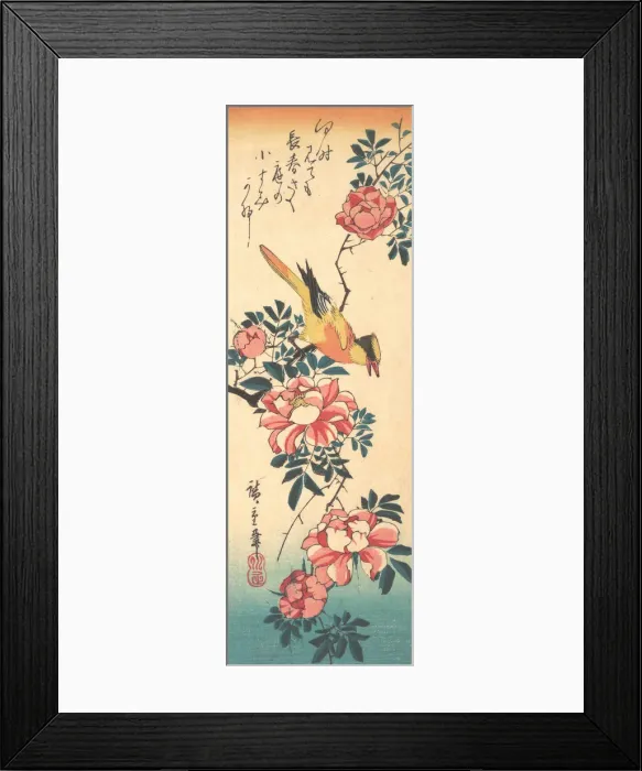 Framed Print : Eastern Grey Wagtail and Rose, early 1830s. early 1830s. Creator: Ando Hiroshige