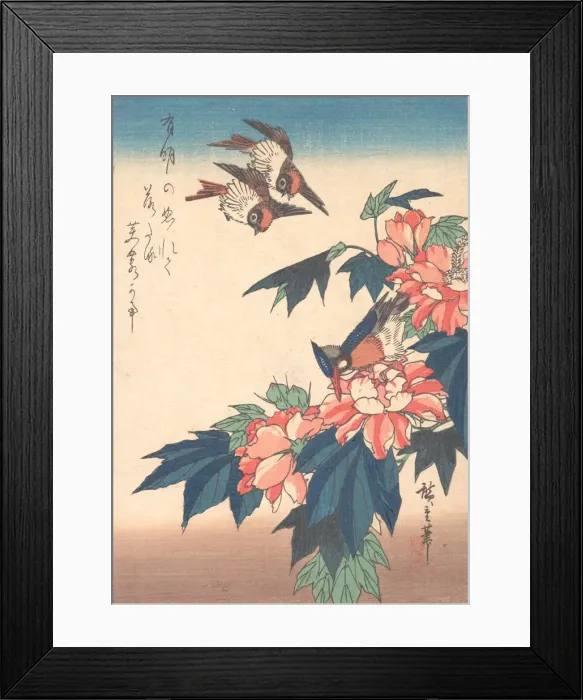 Framed Print : Swallows and Kingfisher with Rose Mallows, ca. 1838. ca. 1838. Creator: Ando Hiroshige Framed Print : Swallows and Kingfisher with Rose Mallows, ca. 1838. ca. 1838. Creator: Ando Hiroshige