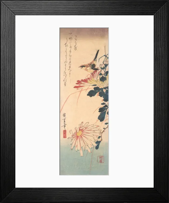 Framed Print : A Wren and Chrysanthemums, ca. 1830. ca. 1830. Creator: Ando Hiroshige Framed Print : A Wren and Chrysanthemums, ca. 1830. ca. 1830. Creator: Ando Hiroshige