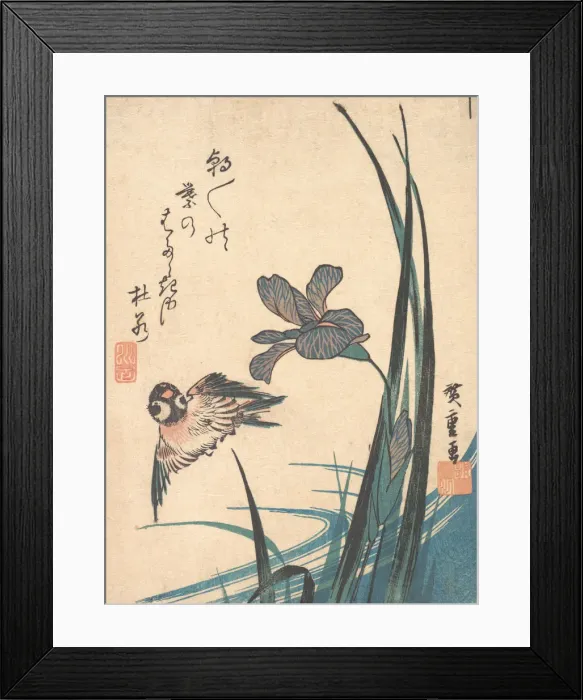 Framed Print : Iris and Sparrow, ca. 1832. ca. 1832. Creator: Ando Hiroshige Framed Print : Iris and Sparrow, ca. 1832. ca. 1832. Creator: Ando Hiroshige