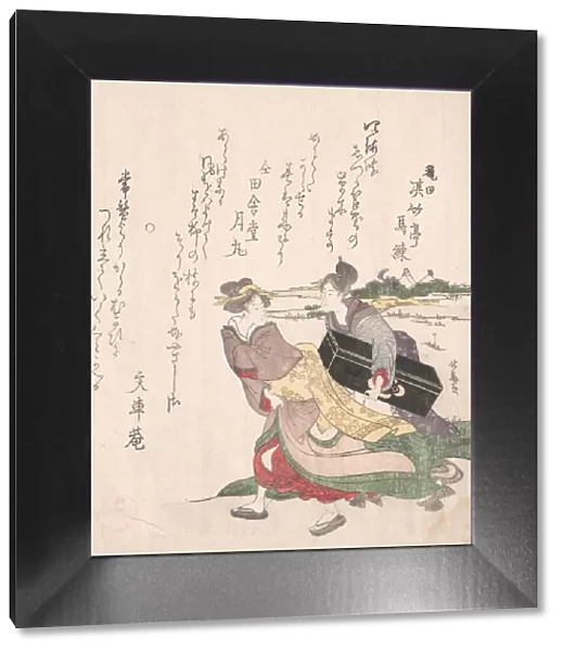 Geisha Girl Hurrying with a Maid Servant Who is Carrying a Shamisen Box. Creator: Hokuba