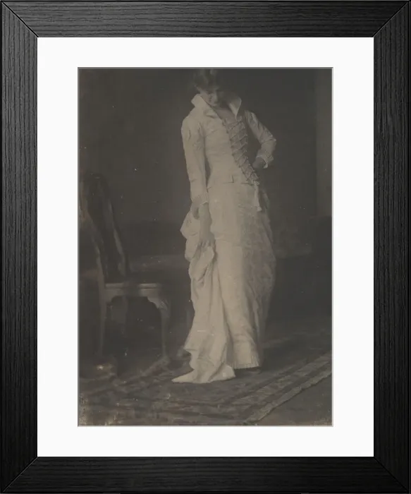 Framed Print : [Woman in White Laced-bodice Dress in Studio of Thomas Eakins], 1880s. 1880s