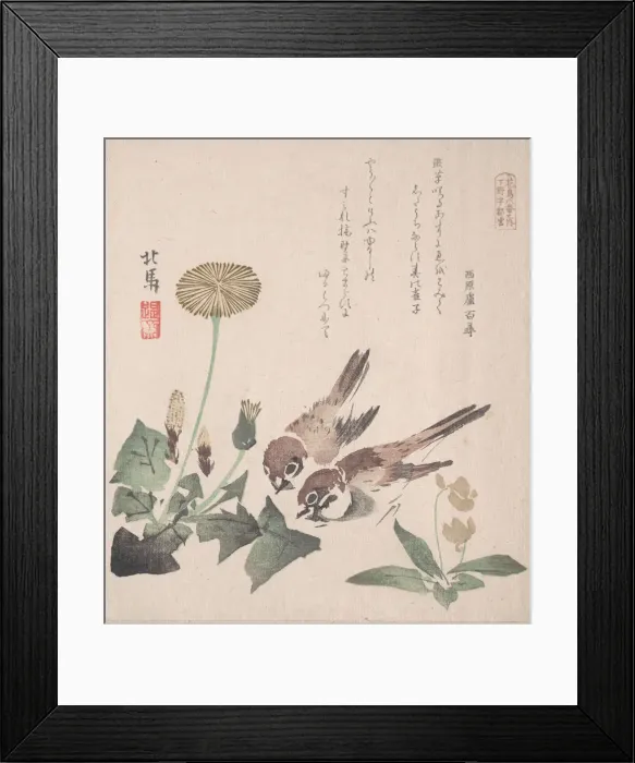 Framed Print : Spring Rain Collection (Harusame shu), vol. 3: Sparrows and Dandelions, ca. 1820. ca Framed Print : Spring Rain Collection (Harusame shu), vol. 3: Sparrows and Dandelions, ca. 1820. ca