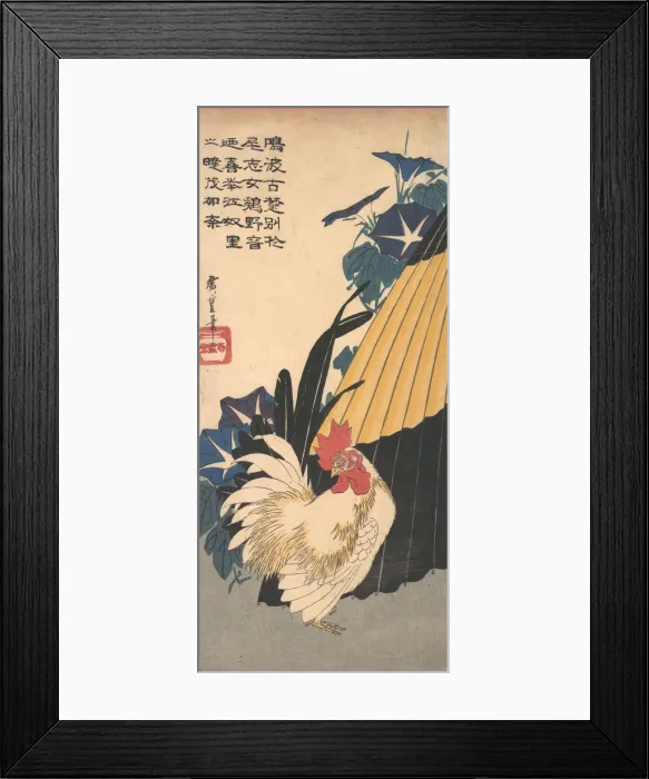 Framed Print : Rooster, Umbrella, and Morning Glories, ca. 1830. ca. 1830. Creator: Ando Hiroshige Framed Print : Rooster, Umbrella, and Morning Glories, ca. 1830. ca. 1830. Creator: Ando Hiroshige