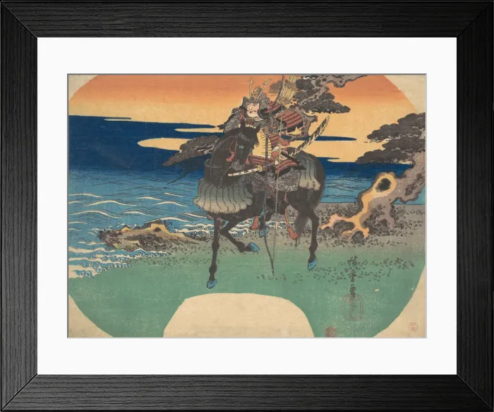 Framed Print : Warrior Riding Black Horse along the Sea Shore, ca. 1835. ca. 1835. Creator: Ando Hiroshige Framed Print : Warrior Riding Black Horse along the Sea Shore, ca. 1835. ca. 1835. Creator: Ando Hiroshige