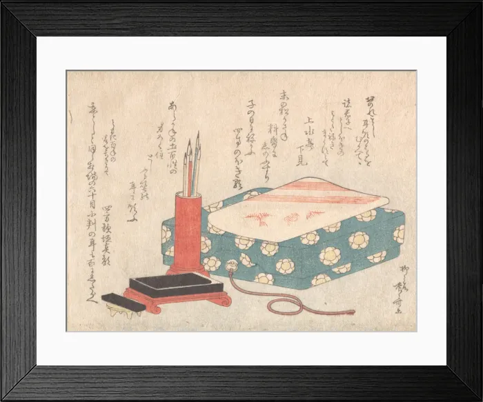 Framed Print : Writing Set and Poem Card Box (Shikishi-bako), from Spring Rain Surimono Album (Har Framed Print : Writing Set and Poem Card Box (Shikishi-bako), from Spring Rain Surimono Album (Har