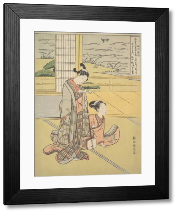 Framed Print : A Young Man and Woman with a Shamisen; Monk Saigyo, from a series alluding to the Thre Framed Print : A Young Man and Woman with a Shamisen; Monk Saigyo, from a series alluding to the Thre