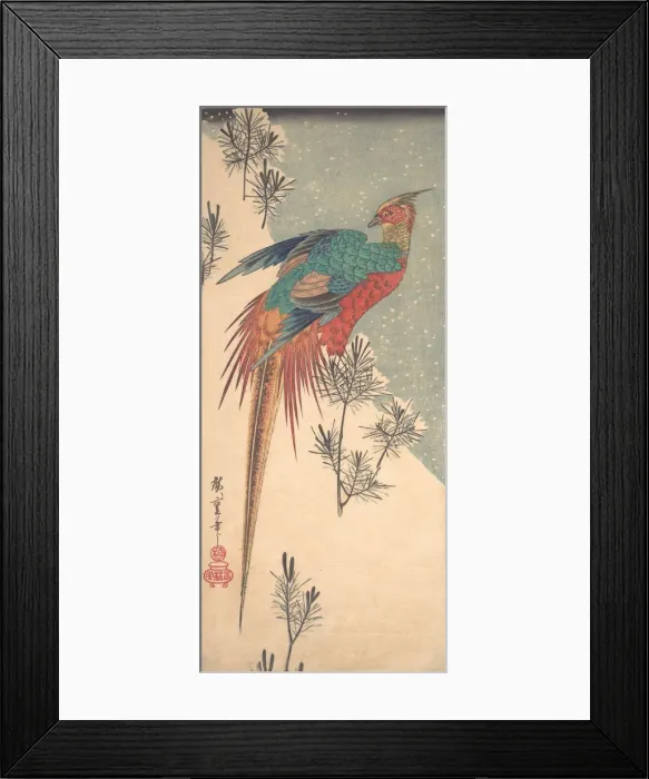Framed Print : Golden Pheasant and Pine Shoots in Snow, ca. 1835. ca. 1835. Creator: Ando Hiroshige Framed Print : Golden Pheasant and Pine Shoots in Snow, ca. 1835. ca. 1835. Creator: Ando Hiroshige